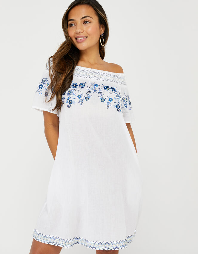 Kaylee Off-Shoulder Embroidered Dress in Pure Cotton, White (WHITE), large