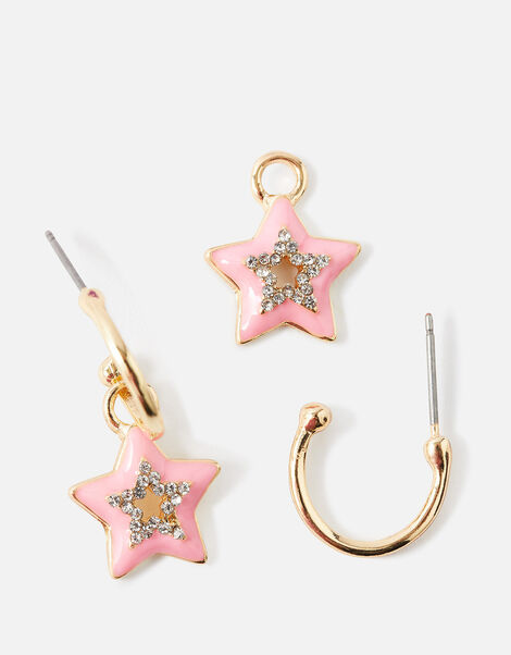 Star Enamel Pave Hoop Earrings, , large