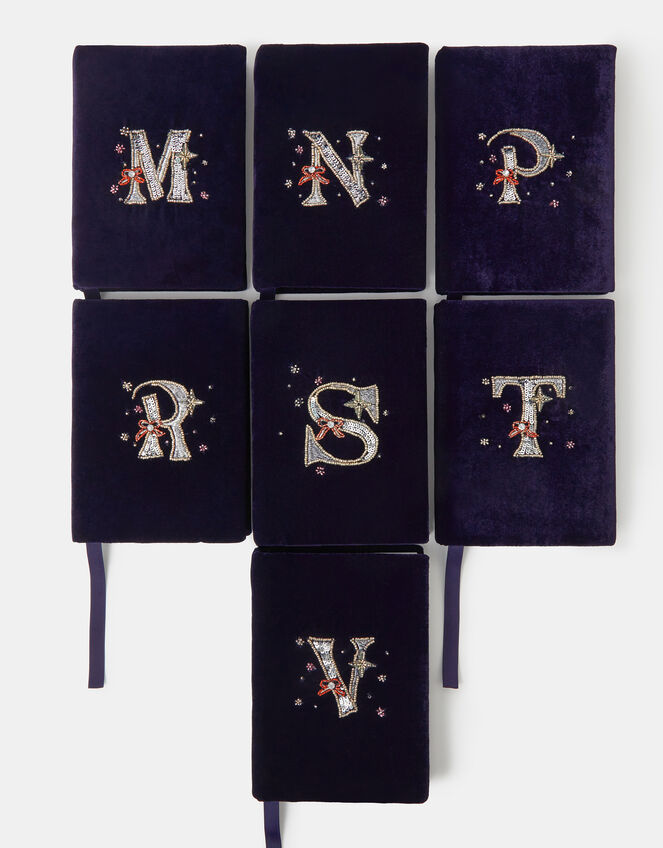 Sequin Initial Velvet Notebook, Blue (NAVY), large