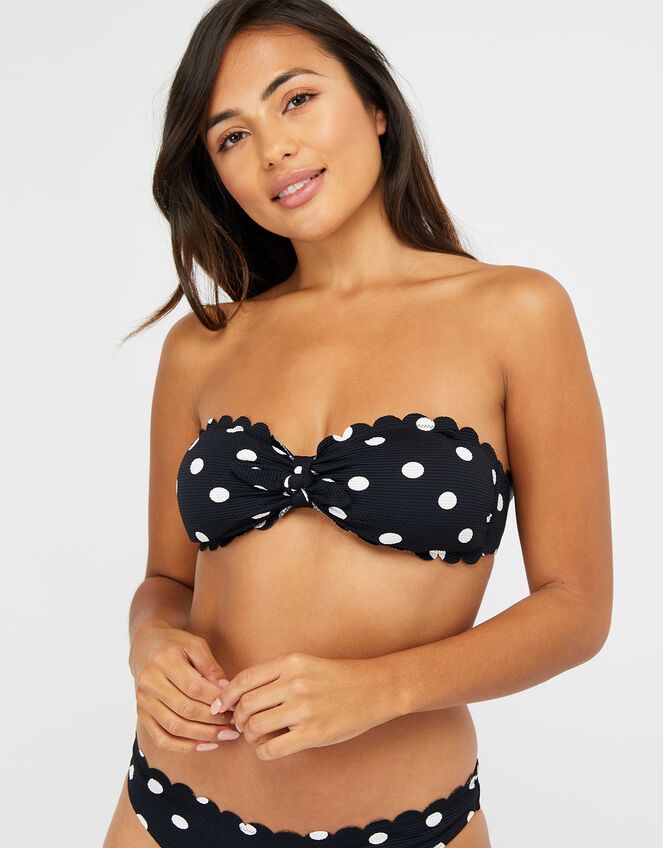 Polka Dot Tie Front Bikini Top, Black (BLACK), large