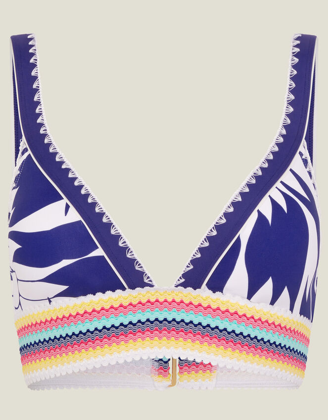 Embroidered Palm Print Bikini Top, Blue (BLUE), large