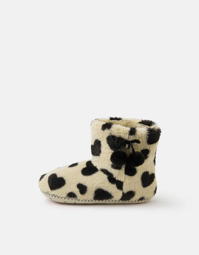 Fluffy Heart Print Slipper Boots, Black (BLACK WHITE), large
