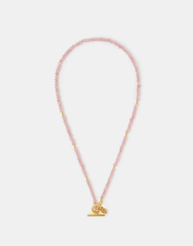 14ct Gold-Plated Healing Stone Bead T-Bar Necklace, Pink (ROSE PINK), large