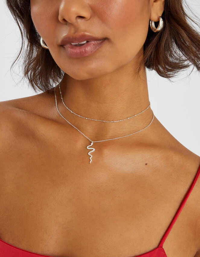 Sterling Silver-Plated Snake Layered Necklace, , large
