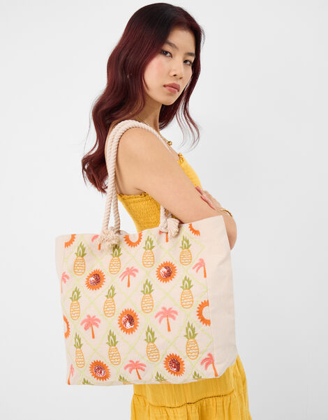 Pineapple Embroidered Beach Bag, , large