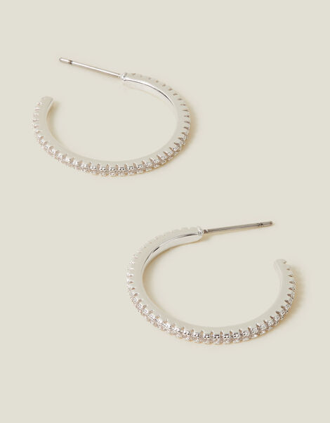 Sterling Silver-Plated Medium Sparkle Hoops, , large