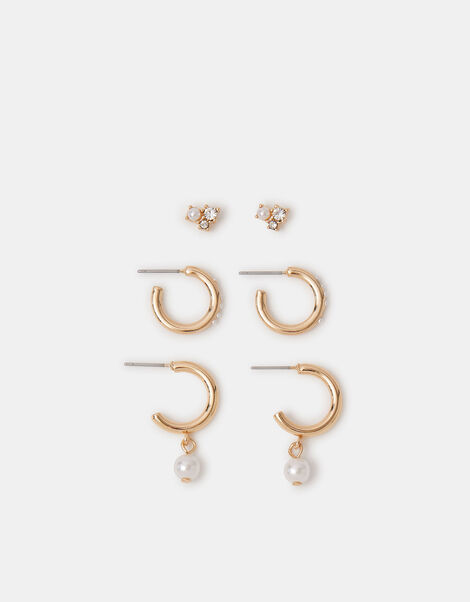 3-Pack Mini Pearl Hoop & Stud Earrings , , large