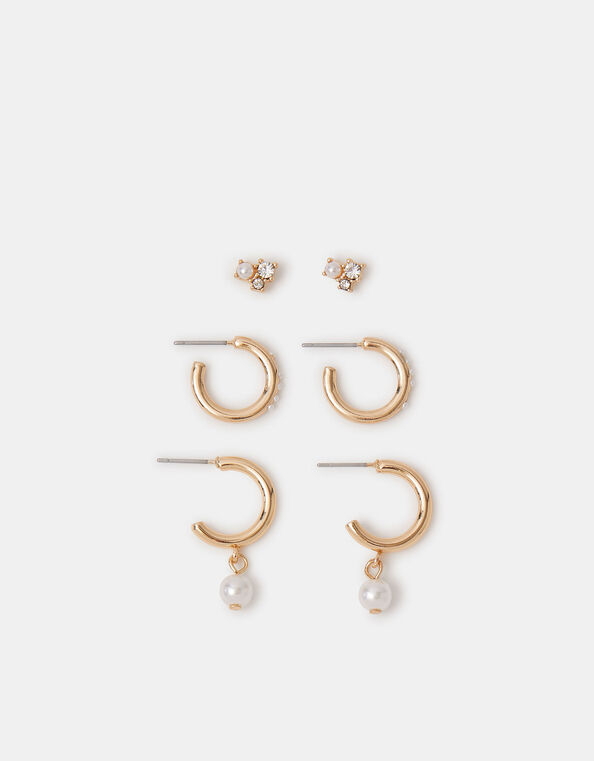 3-Pack Mini Pearl Hoop & Stud Earrings , , large
