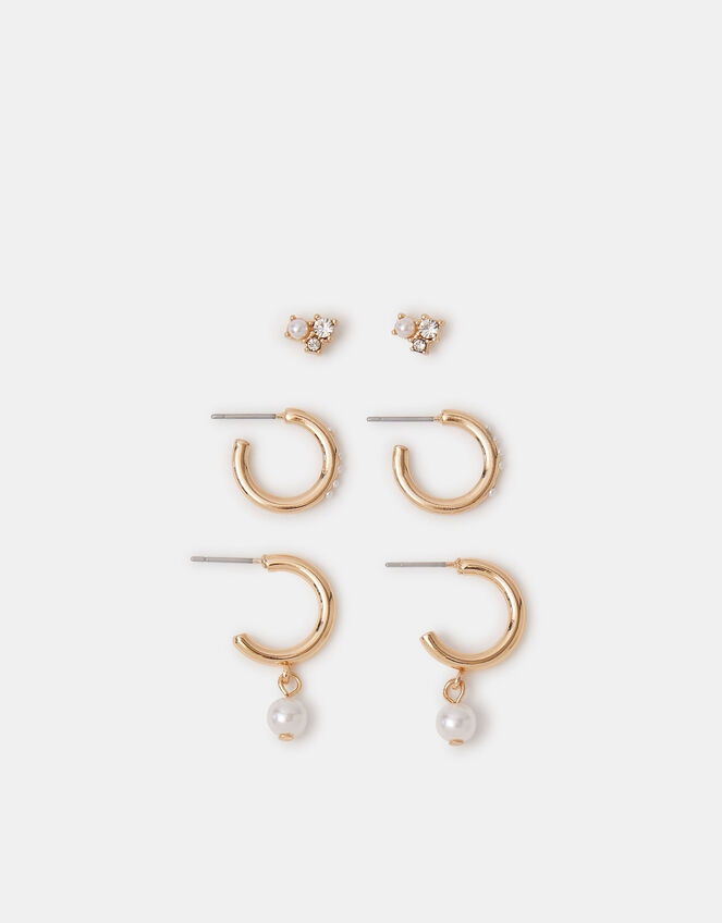 3-Pack Mini Pearl Hoop & Stud Earrings , , large