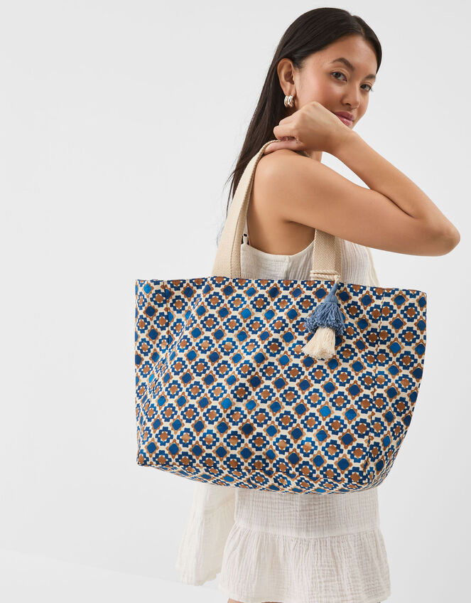 Tile Print Beach Tote Bag, , large