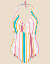 Stripe Halter Neck Shaping Swimsuit , Multi (BRIGHTS-MULTI), large