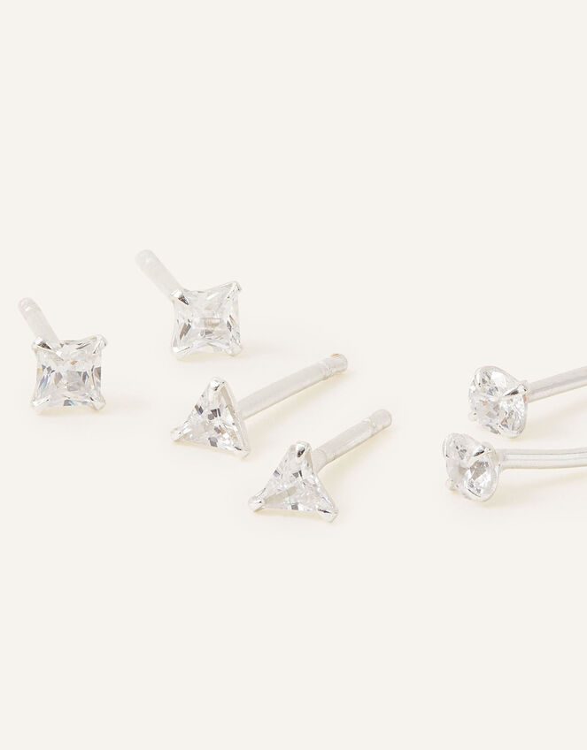 Sterling Silver Crystal Studs Set of Three, , large