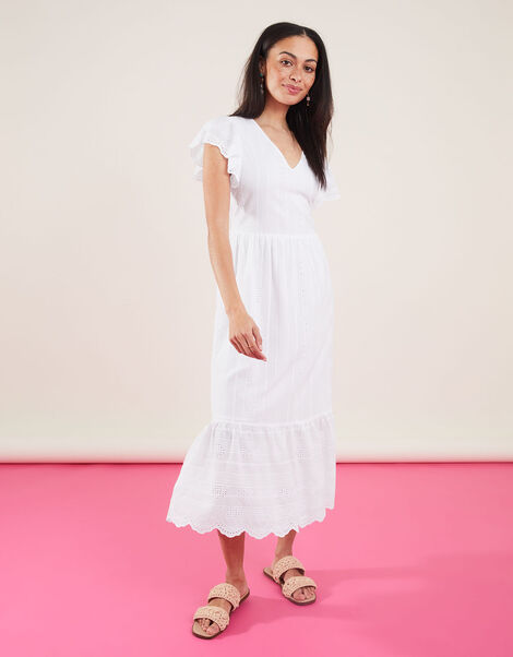 Flutter Sleeve Tie Back Midi Dress, White (WHITE), large