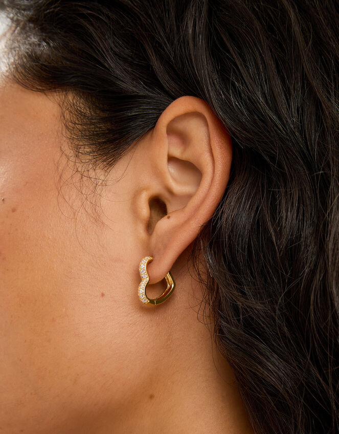 14ct Gold-Plated Diamanté Heart Hoop Earrings, , large