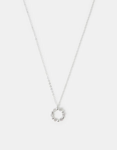 Sterling Silver-Plated Diamanté Circle Pendant Necklace, , large