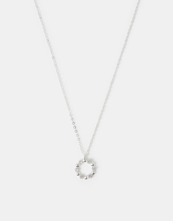 Sterling Silver-Plated Diamanté Circle Pendant Necklace, , large