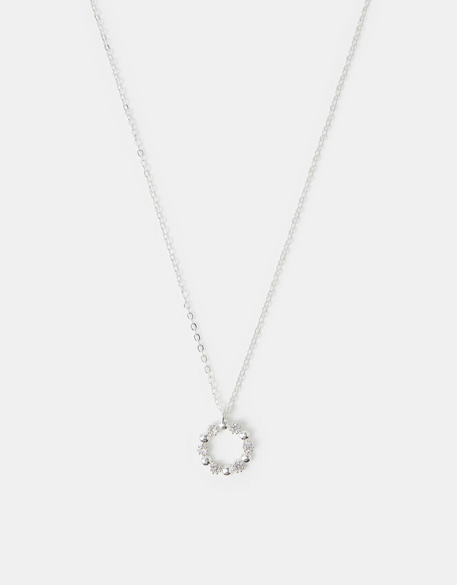 Sterling Silver-Plated Diamanté Circle Pendant Necklace, , large