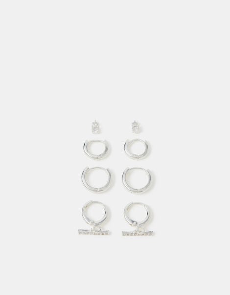 4-Pack Sterling Silver-Plated T-Bar Hoop Earrings, , large