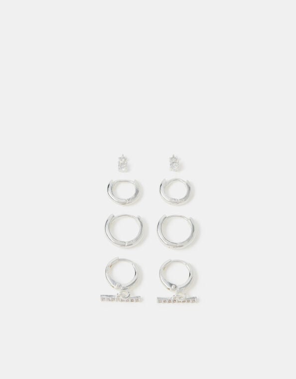 4-Pack Sterling Silver-Plated T-Bar Hoop Earrings, , large