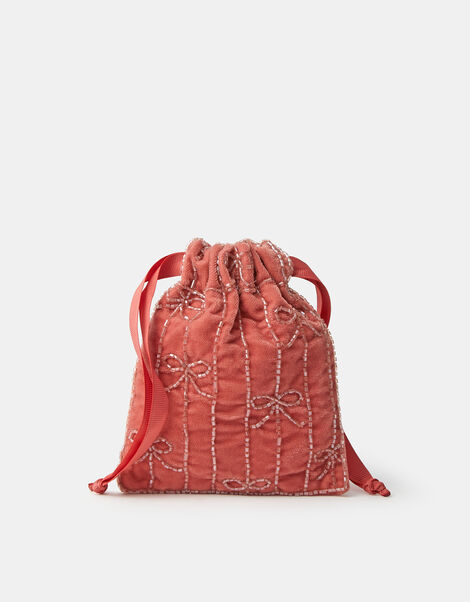 Embellished Bow Velvet Drawstring Bag, Pink (PINK), large