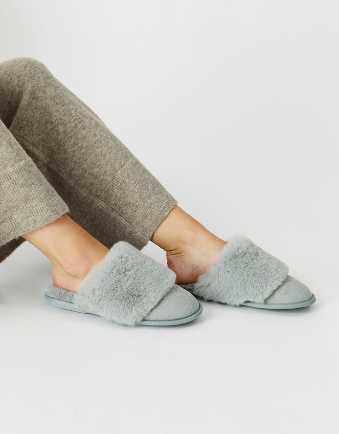 Wide Band Faux Fur Mule Slippers, Grey (GREY), large