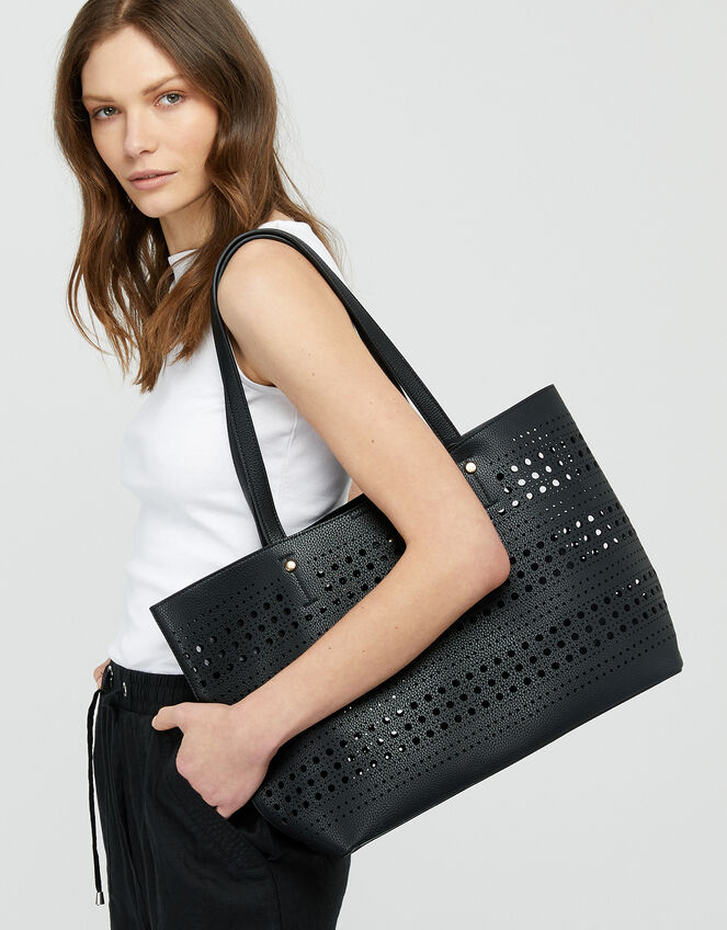 Perforated Shopper with Detachable Zip Pouch, Black (BLACK), large