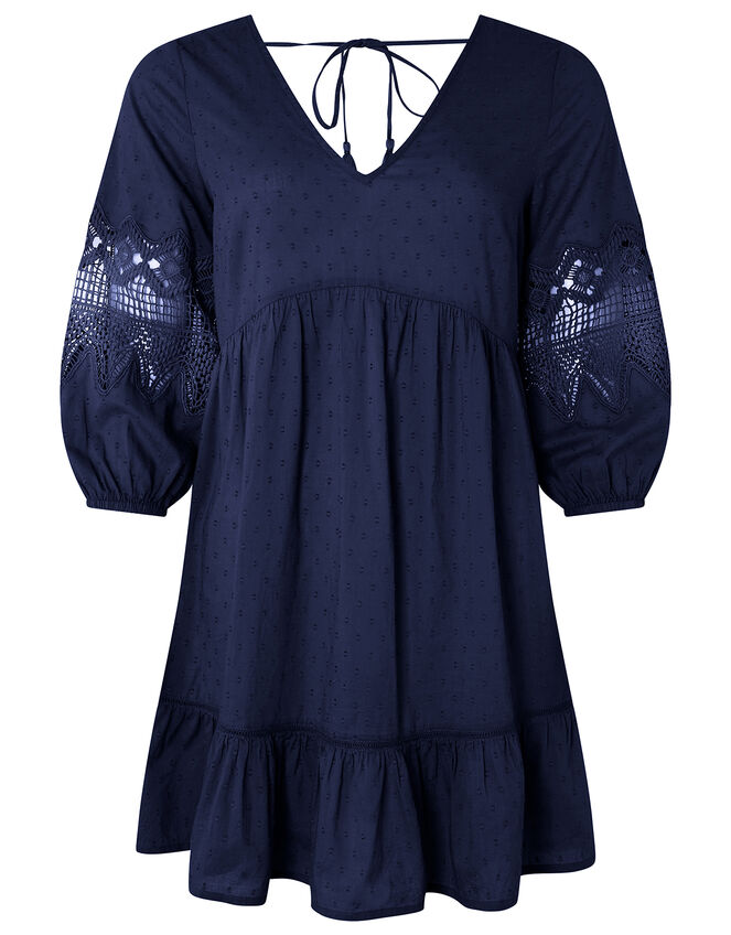 Lace Insert Smock Dress in Organic Cotton, Blue (NAVY), large