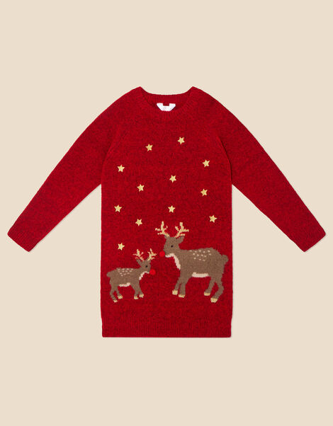 Girls Reindeer Christmas Dress Red, Red (RED), large