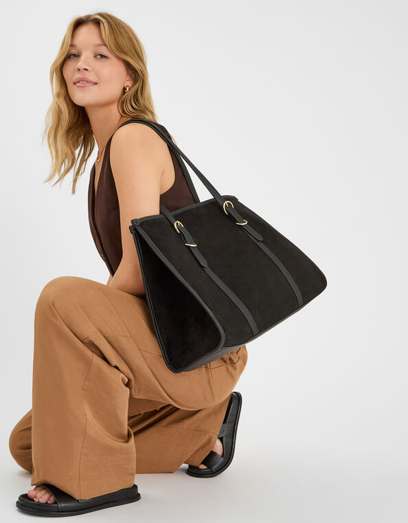 Buckle Strap Suedette Shoulder Bag, Black (BLACK), large