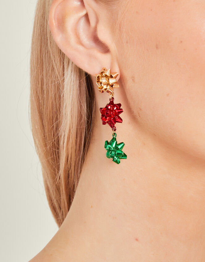 Christmas Triple Bow Drop Earrings, , large