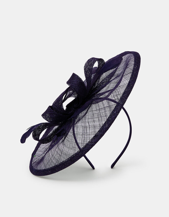 Woven Bow Feather Disc Fascinator, Blue (NAVY), large