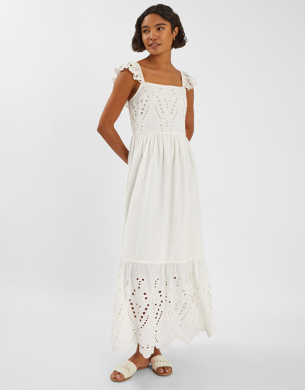 Sleeveless Frilly Broderie Maxi Dress, Ivory (IVORY), large