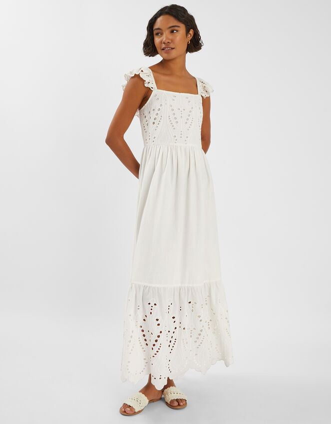 Sleeveless Frilly Broderie Maxi Dress, Ivory (IVORY), large