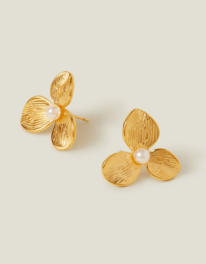 14ct Gold-Plated Pearl Flower Stud Earrings, , large