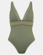 Embroidered Elastic Plunge Shaping Swimsuit, Green (KHAKI), large