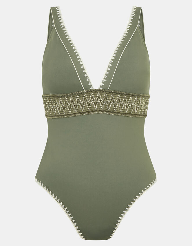 Embroidered Elastic Plunge Shaping Swimsuit, Green (KHAKI), large
