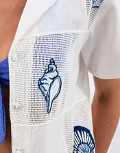 Shell Embroidered Patchwork Shirt, Ivory (IVORY), large