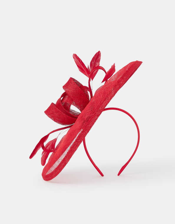 Woven Bow Feather Disc Fascinator, Red (RED), large