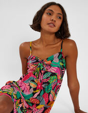 Tropical Print Tie Front Mini Dress, Black (BLACK), large