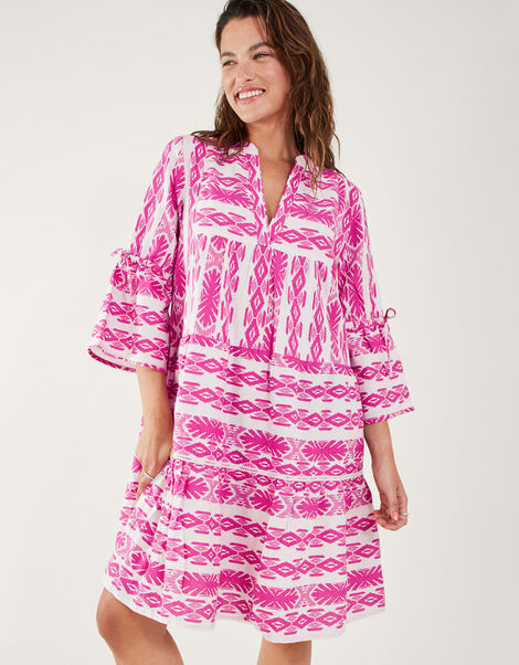 Print Jacquard Flute Sleeve Dress with Sustainable Cotton, Pink (PINK), large