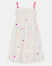Girls Floral Embroidered Smocked Dress, White (WHITE), large