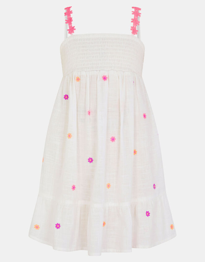 Girls Floral Embroidered Smocked Dress, White (WHITE), large