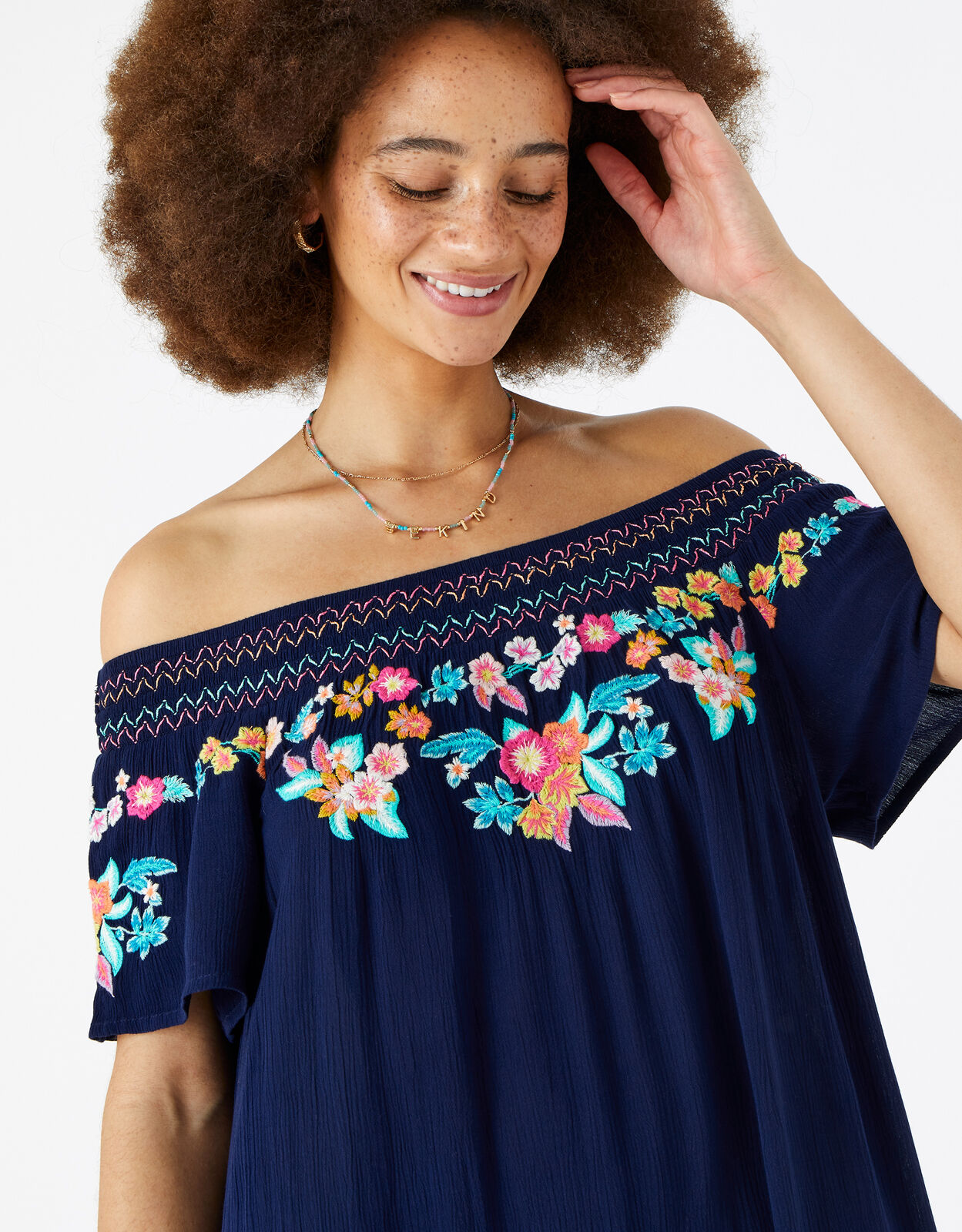 Embroidered bardot sale dress