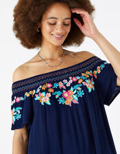 Embroidered Bardot Dress, Blue (NAVY), large