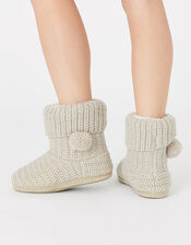 Pom-Pom Shimmer Knit Slipper Boots, Cream (CREAM), large