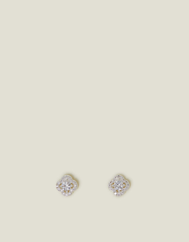 Sterling Silver-Plated Diamanté Clover Stud Earrings, , large