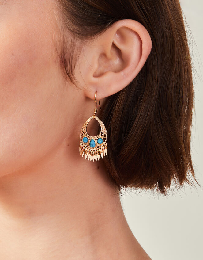 Stone Teardrop Fringe Earrings Turquoise, , large