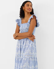 Tropical Print Smocked Maxi Dress, Blue (BLUE), large