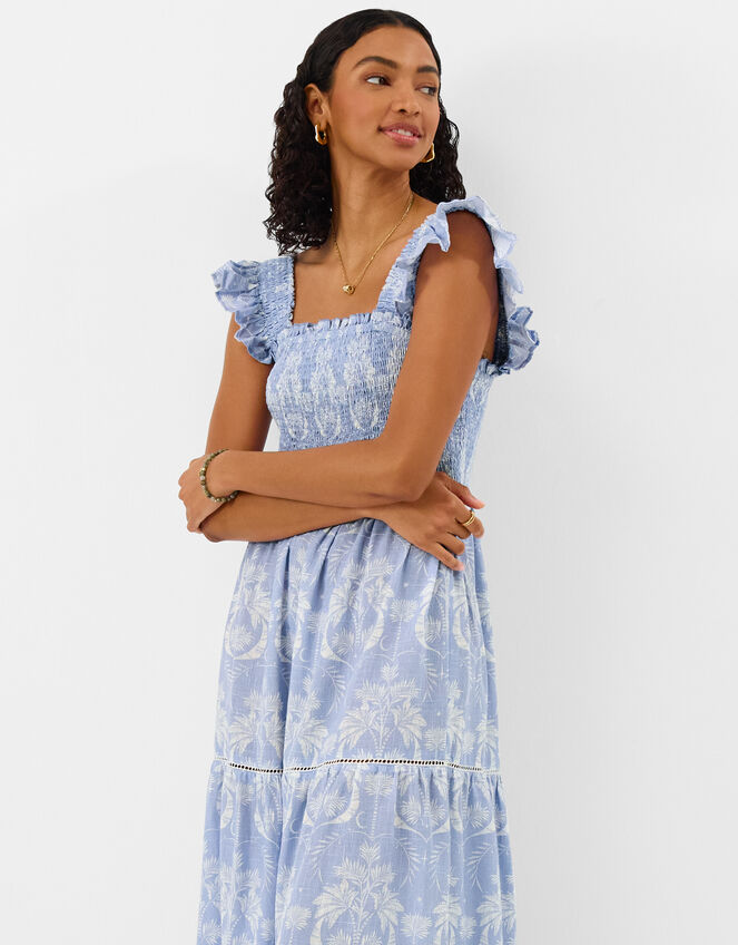 Tropical Print Smocked Maxi Dress, Blue (BLUE), large