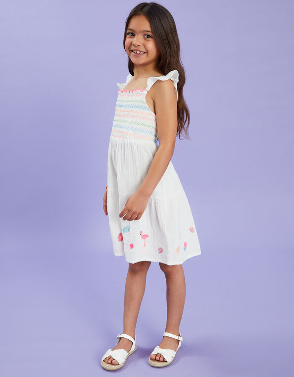 Girls Floral Embroidered Dress, White (WHITE), large